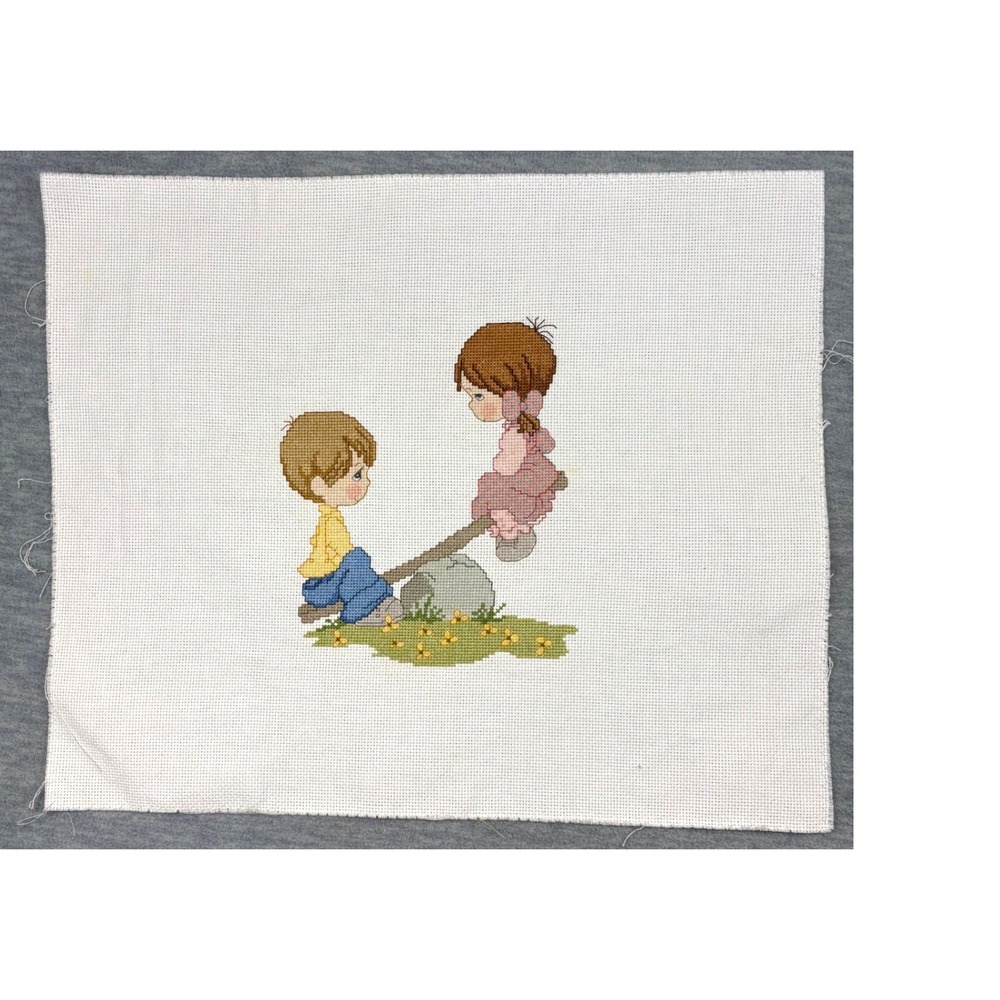 Vintage Precious Moments Cross Stitch Boy Girl Seesaw Handmade Aida Cloth Art